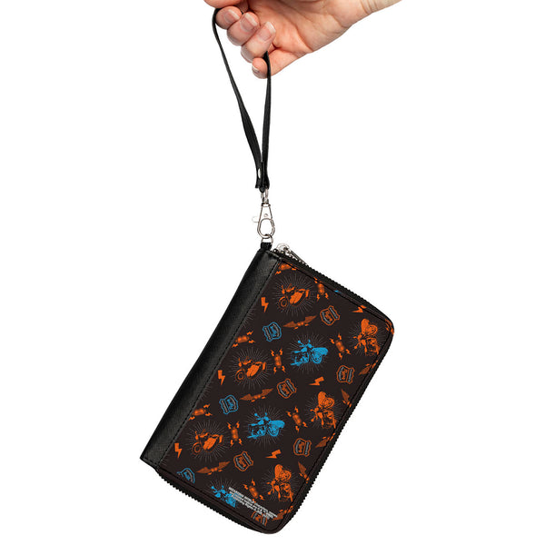 Buckle-Down Women's PU Zip Around Wallet Rectangle - Harry Potter HAGRID'S FLYING MOTORBIKE Scattered Black Gray Blue Orange