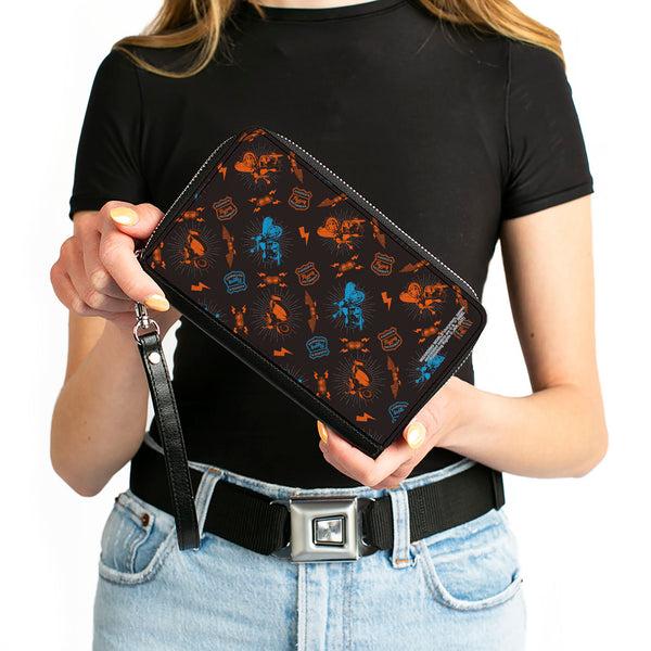 Buckle-Down Women's PU Zip Around Wallet Rectangle - Harry Potter HAGRID'S FLYING MOTORBIKE Scattered Black Gray Blue Orange