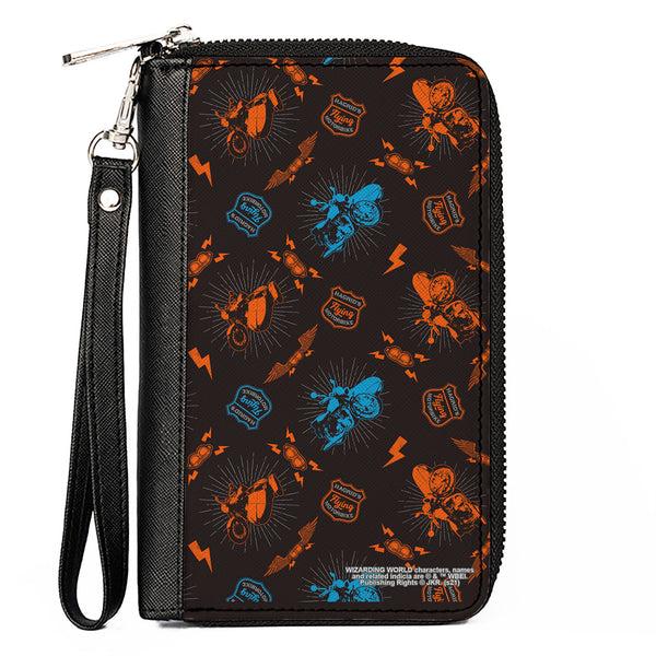 Buckle-Down Women's PU Zip Around Wallet Rectangle - Harry Potter HAGRID'S FLYING MOTORBIKE Scattered Black Gray Blue Orange