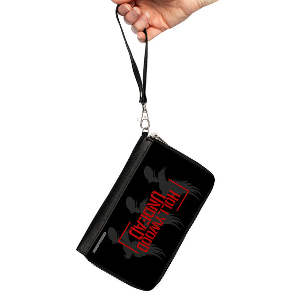 Buckle-Down Women's PU Zip Around Wallet Rectangle - HOLLYWOOD UNDEAD Text Logo Tri-Dove & Grenade Icon Black Gray Red