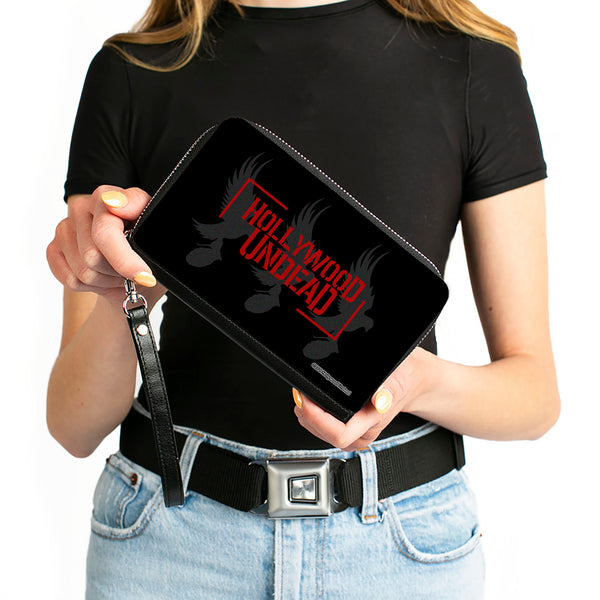 Buckle-Down Women's PU Zip Around Wallet Rectangle - HOLLYWOOD UNDEAD Text Logo Tri-Dove & Grenade Icon Black Gray Red