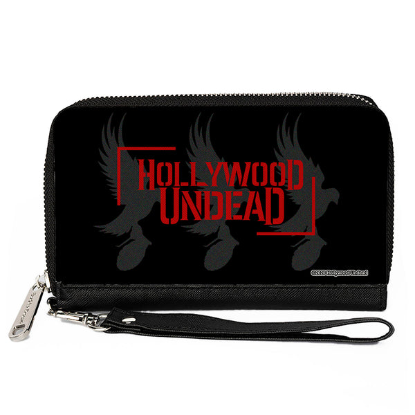 Buckle-Down Women's PU Zip Around Wallet Rectangle - HOLLYWOOD UNDEAD Text Logo Tri-Dove & Grenade Icon Black Gray Red