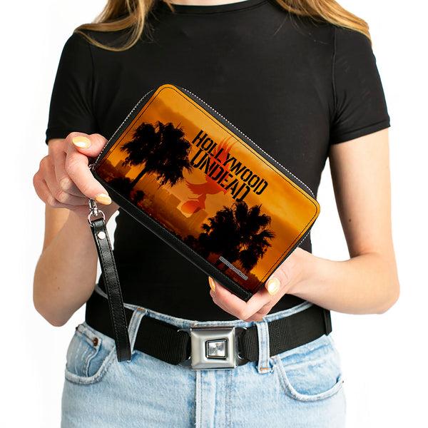 Buckle-Down Women's PU Zip Around Wallet Rectangle - HOLLYWOOD UNDEAD Text Logo Skyline Oranges Black