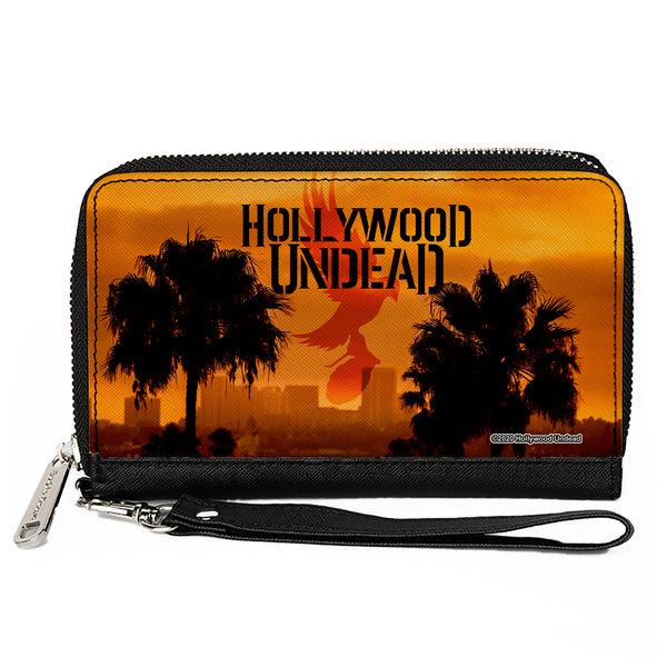 Buckle-Down Women's PU Zip Around Wallet Rectangle - HOLLYWOOD UNDEAD Text Logo Skyline Oranges Black