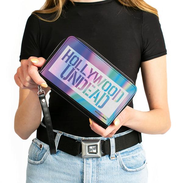Buckle-Down Women's PU Zip Around Wallet Rectangle - HOLLYWOOD UNDEAD Text Logo Block Aura White