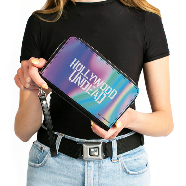 Buckle-Down Women's PU Zip Around Wallet Rectangle - HOLLYWOOD UNDEAD Text Logo Aura White