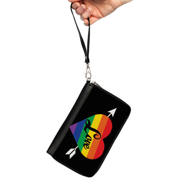 Buckle-Down Women's PU Zip Around Wallet Rectangle - LOVE Rainbow Stripe Heart Black Multi Color