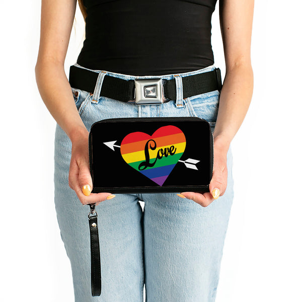 Buckle-Down Women's PU Zip Around Wallet Rectangle - LOVE Rainbow Stripe Heart Black Multi Color
