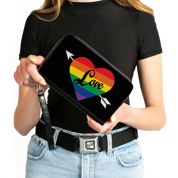Buckle-Down Women's PU Zip Around Wallet Rectangle - LOVE Rainbow Stripe Heart Black Multi Color