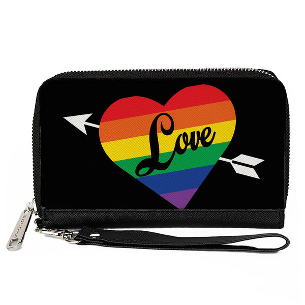 Buckle-Down Women's PU Zip Around Wallet Rectangle - LOVE Rainbow Stripe Heart Black Multi Color