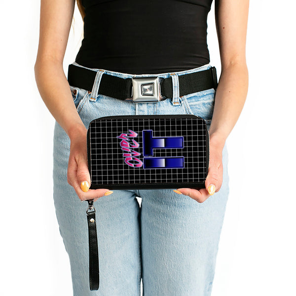 Buckle-Down Women's PU Zip Around Wallet Rectangle - OVER IT Grid Black White Pinks Purples
