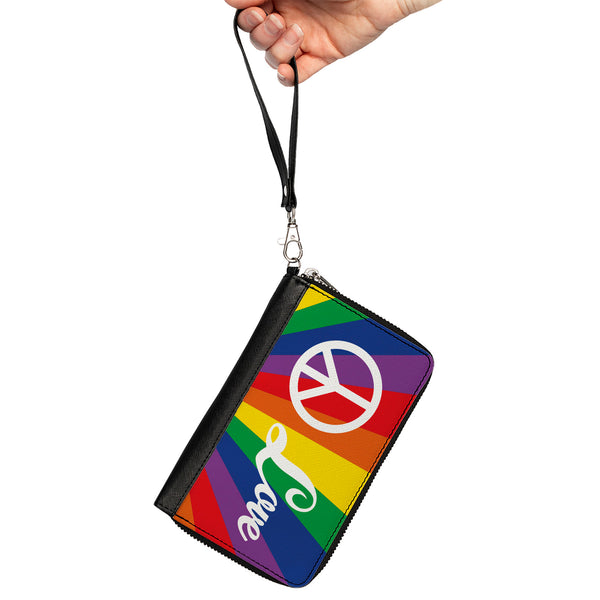 Buckle-Down Women's PU Zip Around Wallet Rectangle - PEACE And LOVE Rainbow Rays Multi Color White