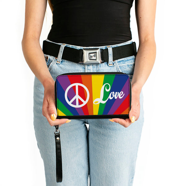 Buckle-Down Women's PU Zip Around Wallet Rectangle - PEACE And LOVE Rainbow Rays Multi Color White