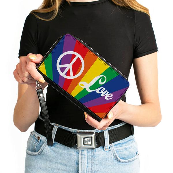 Buckle-Down Women's PU Zip Around Wallet Rectangle - PEACE And LOVE Rainbow Rays Multi Color White