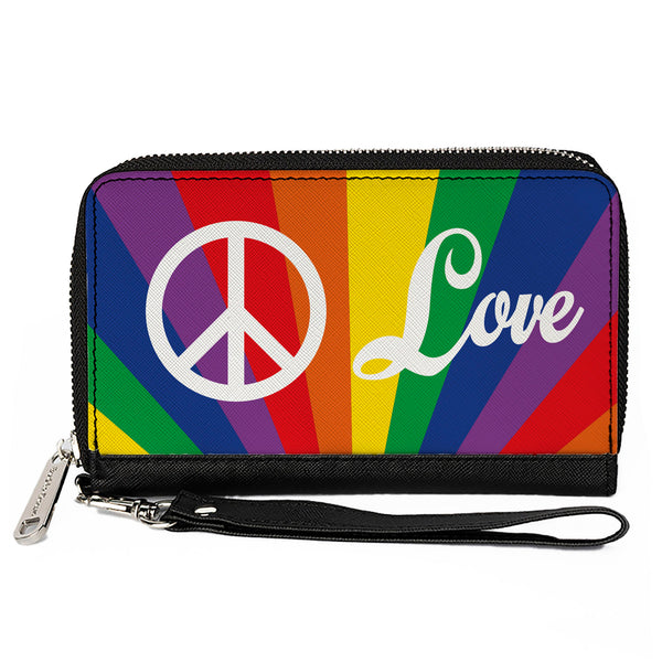 Buckle-Down Women's PU Zip Around Wallet Rectangle - PEACE and LOVE Rainbow Rays Multi Color White