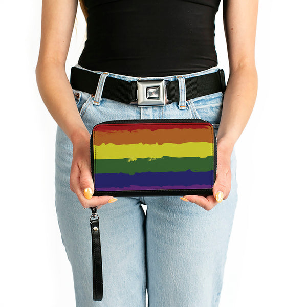 Buckle-Down Women's PU Zip Around Wallet Rectangle - Rainbow Stripe Painted