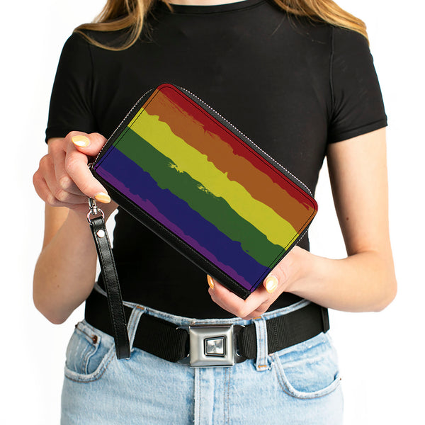 Buckle-Down Women's PU Zip Around Wallet Rectangle - Rainbow Stripe Painted
