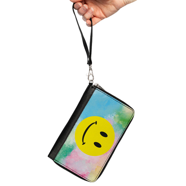 Buckle-Down Women's PU Zip Around Wallet Rectangle - Smiley Face Tie Dye Blues Greens Pinks Yellows