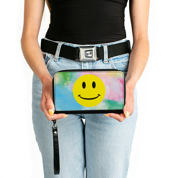 Buckle-Down Women's PU Zip Around Wallet Rectangle - Smiley Face Tie Dye Blues Greens Pinks Yellows