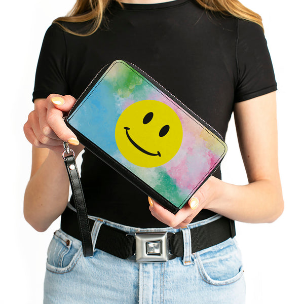 Buckle-Down Women's PU Zip Around Wallet Rectangle - Smiley Face Tie Dye Blues Greens Pinks Yellows