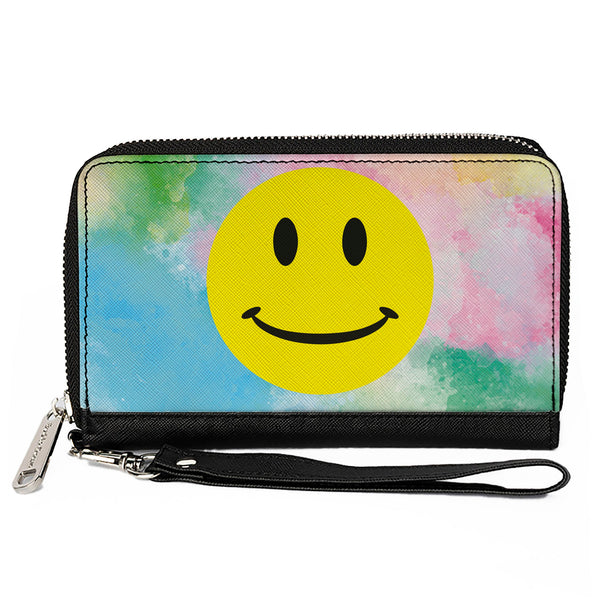 Buckle-Down Women's PU Zip Around Wallet Rectangle - Smiley Face Tie Dye Blues Greens Pinks Yellows