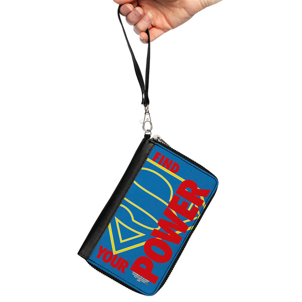 Buckle-Down Women's PU Zip Around Wallet Rectangle - Superman Shield FIND YOUR POWER Blue Yellow Red