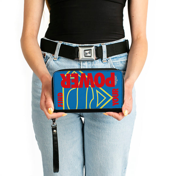 Buckle-Down Women's PU Zip Around Wallet Rectangle - Superman Shield FIND YOUR POWER Blue Yellow Red