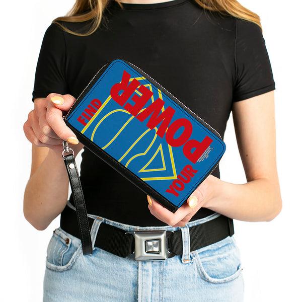 Buckle-Down Women's PU Zip Around Wallet Rectangle - Superman Shield FIND YOUR POWER Blue Yellow Red