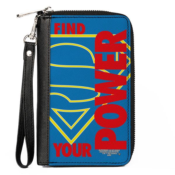Buckle-Down Women's PU Zip Around Wallet Rectangle - Superman Shield FIND YOUR POWER Blue Yellow Red