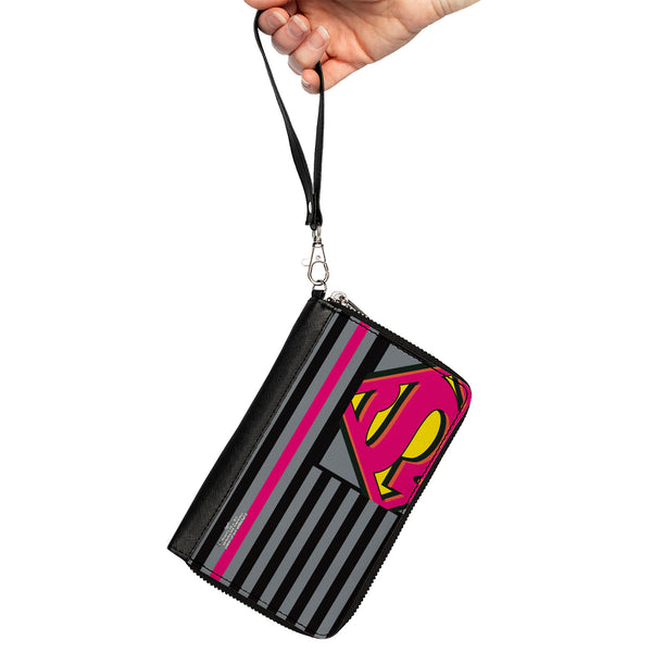 Buckle-Down Women's PU Zip Around Wallet Rectangle - Superman Shield Americana Stripes Gray Black Pinks Yellow
