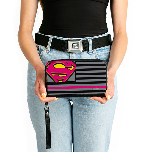 Buckle-Down Women's PU Zip Around Wallet Rectangle - Superman Shield Americana Stripes Gray Black Pinks Yellow