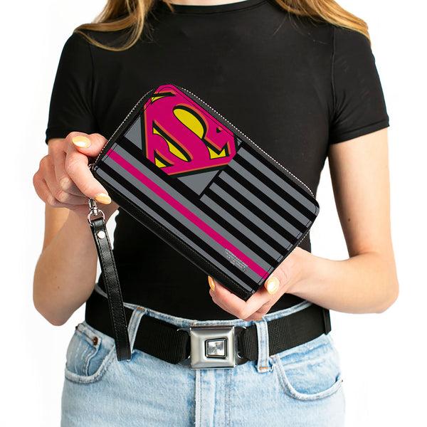 Buckle-Down Women's PU Zip Around Wallet Rectangle - Superman Shield Americana Stripes Gray Black Pinks Yellow
