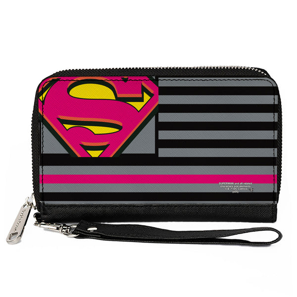 Buckle-Down Women's PU Zip Around Wallet Rectangle - Superman Shield Americana Stripes Gray Black Pinks Yellow