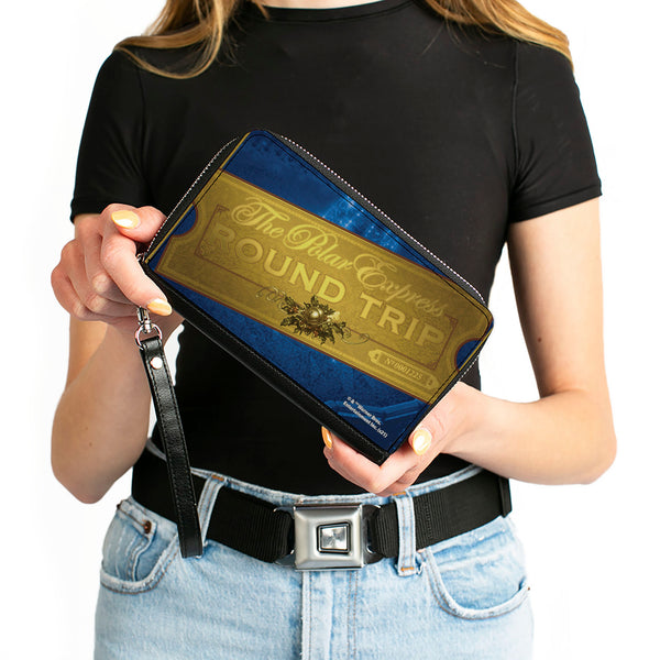 Buckle-Down Women's PU Zip Around Wallet Rectangle - THE POLAR EXPRESS ROUND TRIP Train Ticket Blues Golds