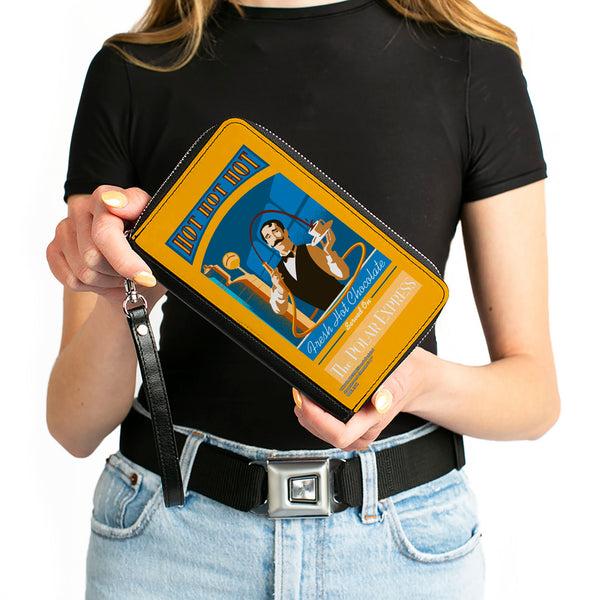 Buckle-Down Women's PU Zip Around Wallet Rectangle - THE POLAR EXPRESS Hot Chocolate Waiter Yellows Blues Red