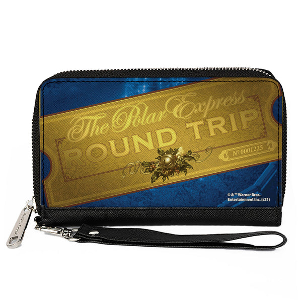 Buckle-Down Women's PU Zip Around Wallet Rectangle - THE POLAR EXPRESS ROUND TRIP Train Ticket Blues Golds