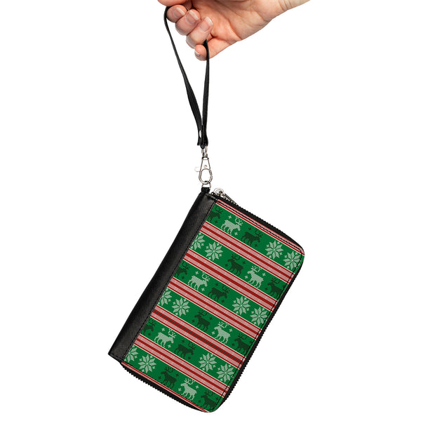 Buckle-Down Women's PU Zip Around Wallet Rectangle - Ugly Christmas Sweater Stitch Moose Snowflakes Reds Greens