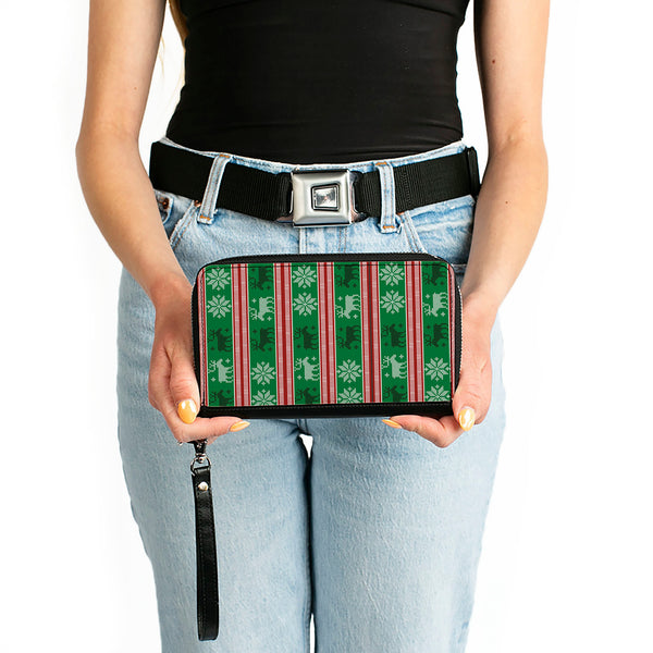 Buckle-Down Women's PU Zip Around Wallet Rectangle - Ugly Christmas Sweater Stitch Moose Snowflakes Reds Greens
