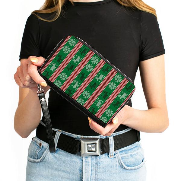 Buckle-Down Women's PU Zip Around Wallet Rectangle - Ugly Christmas Sweater Stitch Moose Snowflakes Reds Greens
