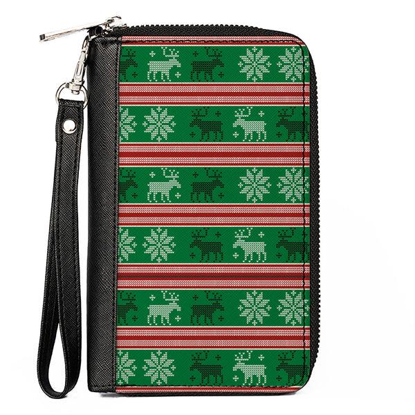 Buckle-Down Women's PU Zip Around Wallet Rectangle - Ugly Christmas Sweater Stitch Moose Snowflakes Reds Greens
