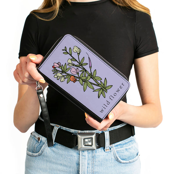 Buckle-Down Women's PU Zip Around Wallet Rectangle - WILD FLOWER Floral Bouquet Lavender
