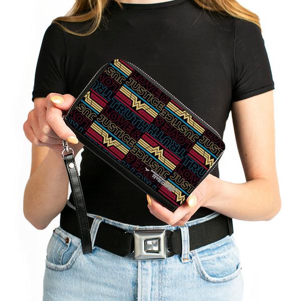 Buckle-Down Women's PU Zip Around Wallet Rectangle - Wonder Woman 1984 TRUTH LOVE & JUSTICE Black Blue Red Gold