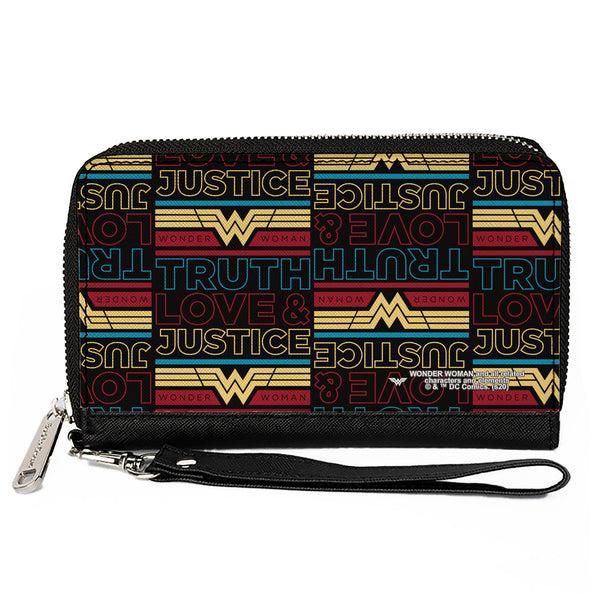 Buckle-Down Women's PU Zip Around Wallet Rectangle - Wonder Woman 1984 TRUTH LOVE & JUSTICE Black Blue Red Gold