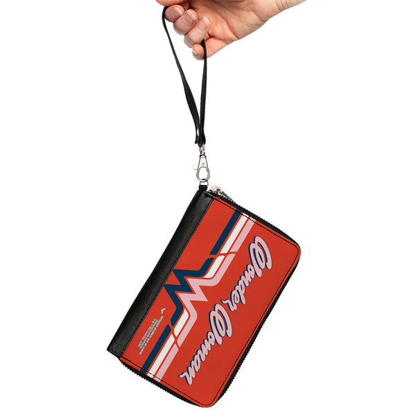 Buckle-Down Women's PU Zip Around Wallet Rectangle - WONDER WOMAN Script Logo Striping Red Navy Pink White