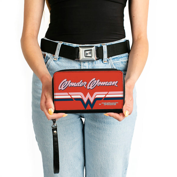 Buckle-Down Women's PU Zip Around Wallet Rectangle - WONDER WOMAN Script Logo Striping Red Navy Pink White