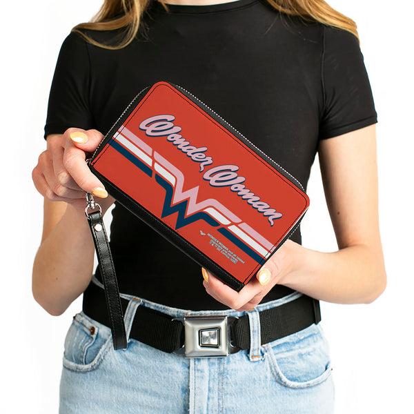 Buckle-Down Women's PU Zip Around Wallet Rectangle - WONDER WOMAN Script Logo Striping Red Navy Pink White
