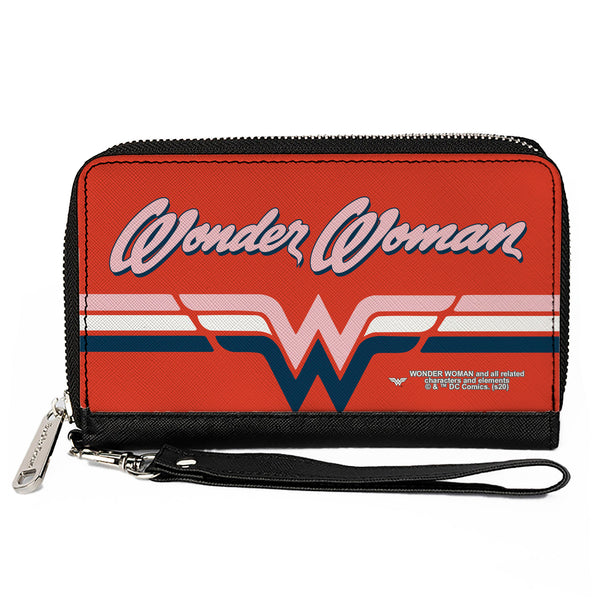 Buckle-Down Women's PU Zip Around Wallet Rectangle - WONDER WOMAN Script Logo Striping Red Navy Pink White